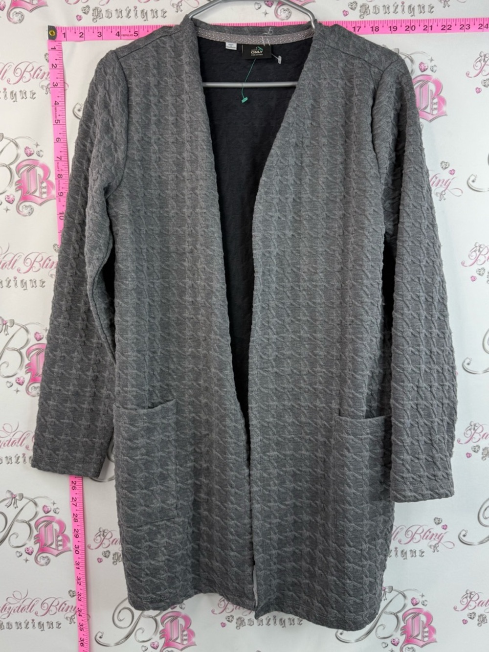 Only cardigan sweater open front pockets, 3-D houndstooth Textured Open Cardigan